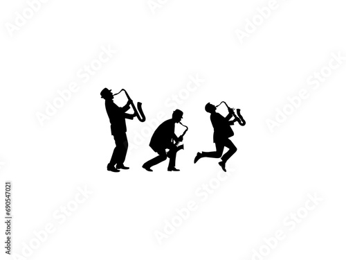 Saxophone player silhouette. Set of jazz musician silhouette in various poses. Man with saxophone silhouette  jazz musician  silhouette of saxophonist with white background.