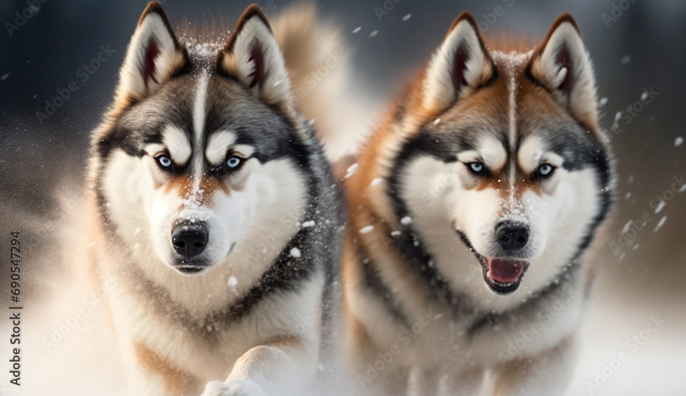 Huskies running in the snow. selective focus. Generate AI