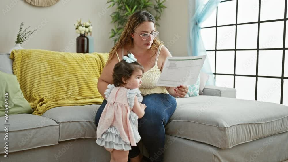 Casual, relaxed mother and daughter lovingly reading an important document together on their comfy sofa, quietly concentrating in their cozy living room at home Casual, relaxed mother and daughter lovingly reading an important document together on their comfy sofa, quietly concentrating in their cozy living room at home