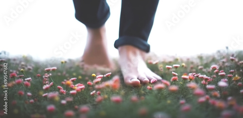 A young man walking barefoot.in a meadow full of flowers Close-up photograph of the lower leg and bare feet trampling in the grassy ground.  photo