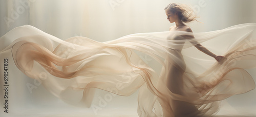 Fashion model with a huge silk veil. Art photograph for backgrounds.