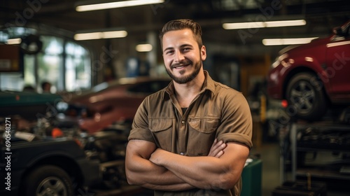 Portrait of a skilled auto mechanic smiling, with a garage and automotive tools in the background © Emil