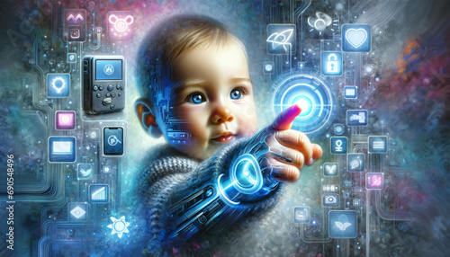 Futuristic Baby Interaction with Digital Technology photo