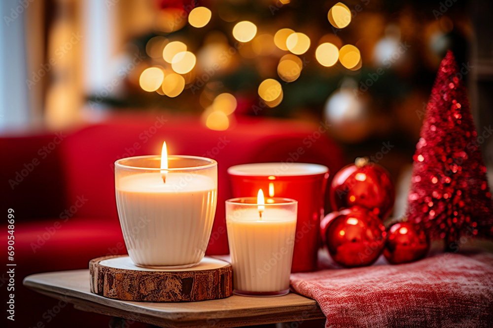 Two burning candles on a wooden stand in front of a Christmas tree. Selective Focus