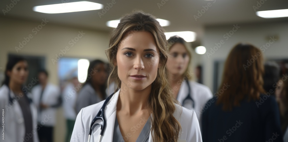 Professional Woman with Stethoscope in Hospital Hallway Professional Woman with Stethoscope in Hospital Hallway