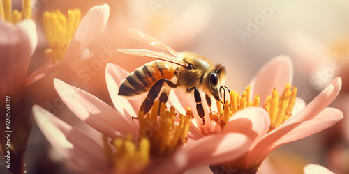 Close-up of a bee on a flower with space for text promoting bee conservation. 
