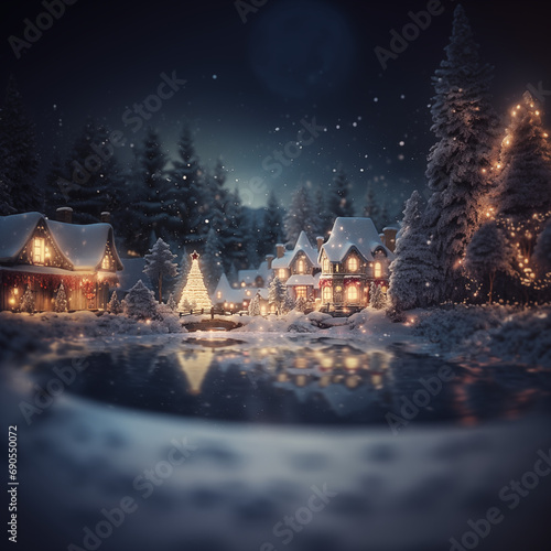 scène de Noël sous la neige. Cottage lumineux éclairé féériquement et enneigé de nuit au bord d'un lac et d'une forêt. Les maisons sont éclairées de l'intérieur et se reflètent dans le lac. 