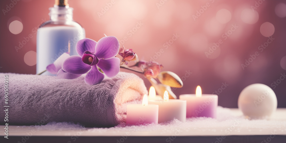Create a serene background with defocused spa elements, such as candles and flowers, representing a relaxing Mother's Day. Create a serene background with defocused spa elements, such as candles and flowers, representing a relaxing Mother's Day.