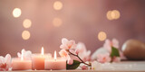 Create a serene background with defocused spa elements, such as candles and flowers, representing a relaxing Mother's Day.