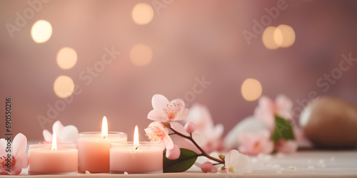 Create a serene background with defocused spa elements, such as candles and flowers, representing a relaxing Mother's Day. photo