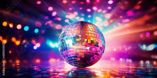 Create a vibrant background with a defocused disco ball reflecting dazzling lights in all directions. 