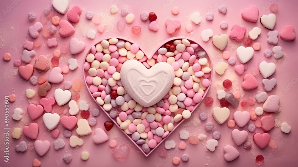 A whimsical array of heart-shaped candies and playful love notes on a soft pink canvas. 