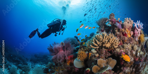 Divers exploring a colorful coral reef.  © Teerasak