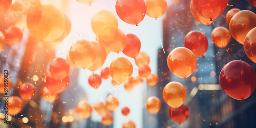 Generate an image featuring defocused balloons in motion, symbolizing the uplifting spirit of the New Year. photo