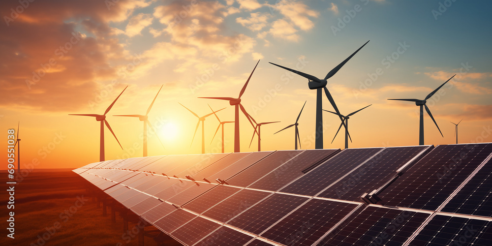 Image of wind turbines or solar panels against a vibrant sky. Image of wind turbines or solar panels against a vibrant sky.