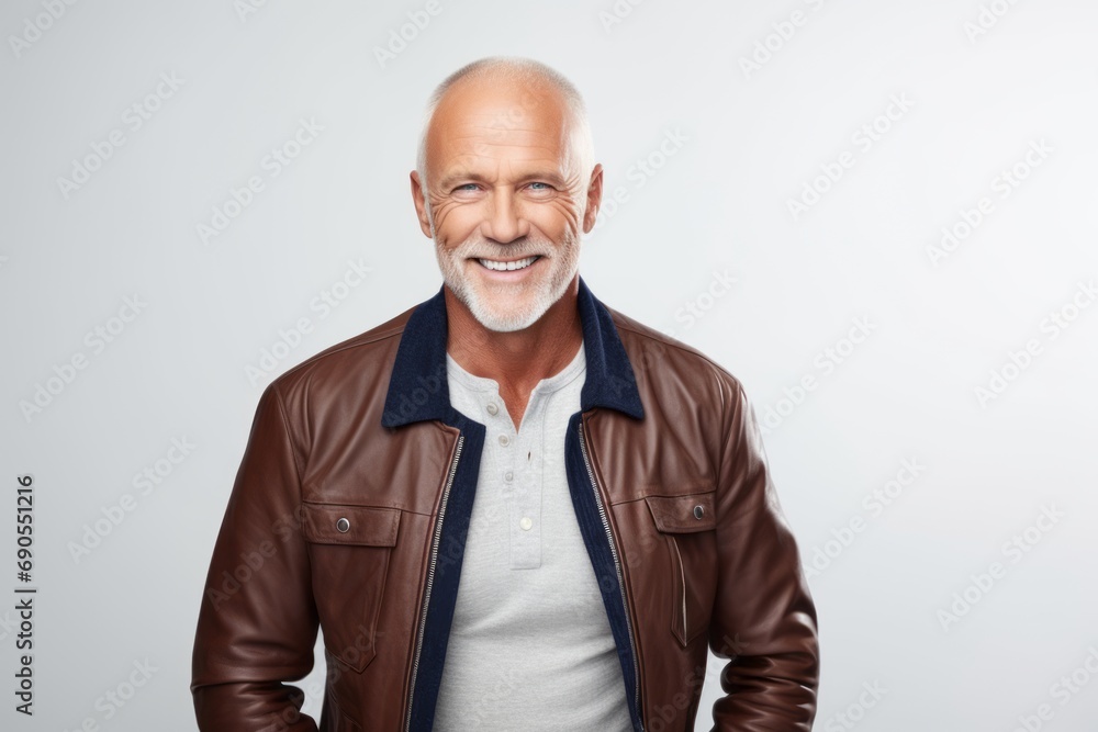 Portrait of a smiling senior man in leather jacket standing against grey background Portrait of a smiling senior man in leather jacket standing against grey background