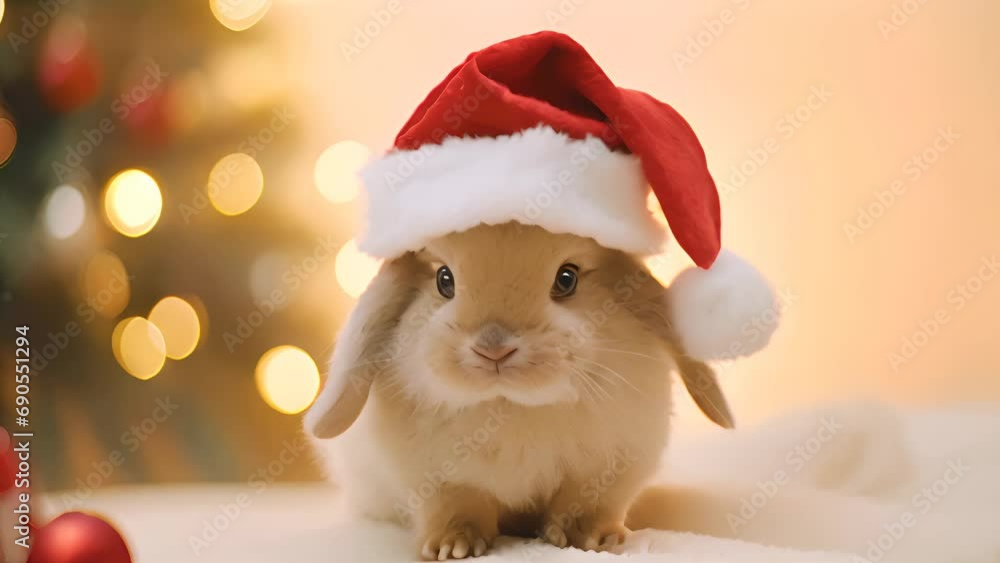 Portrait of a cute rabbit in Santa Claus hat. Christmas background. Ai generated. Portrait of a cute rabbit in Santa Claus hat. Christmas background. Ai generated.