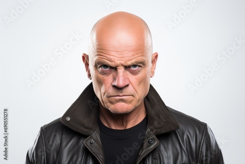Bald man with a serious expression on his face. Studio shot against a white background.
