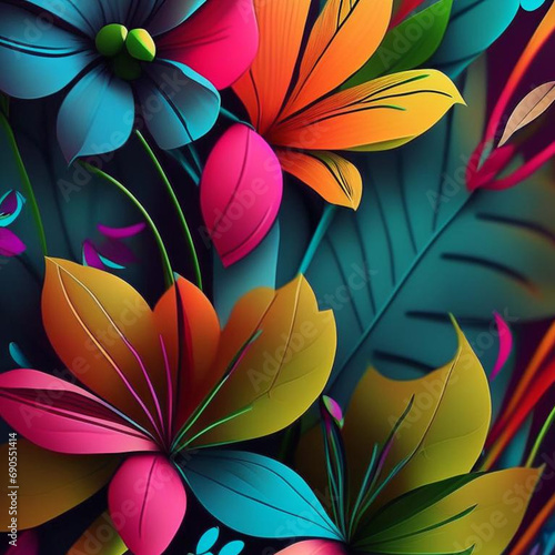 Wallpaper Mural Original floral design with exotic flowers and tropic leaves. Colorful flowers on dark background. Torontodigital.ca