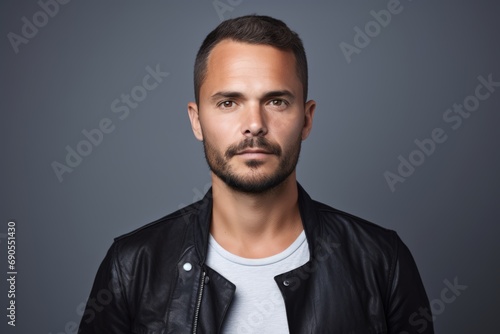 Portrait of handsome young man in black leather jacket against grey background.