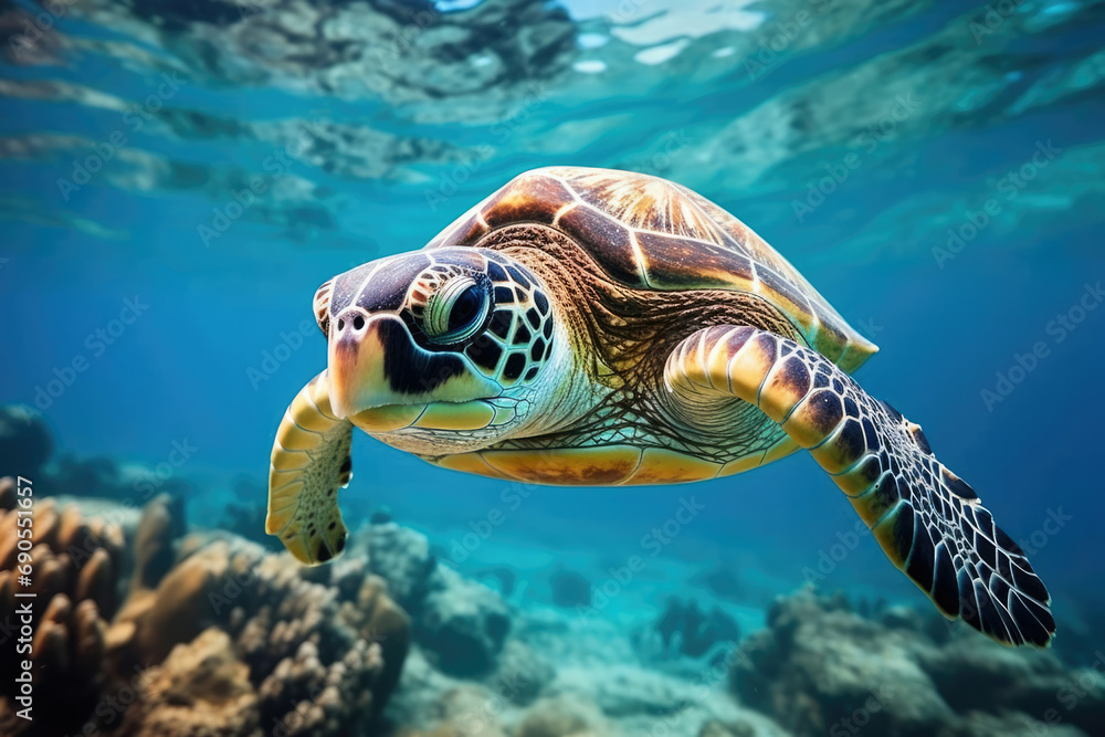Obraz premium Turtle sea animal blue water reef ocean underwater dive nature