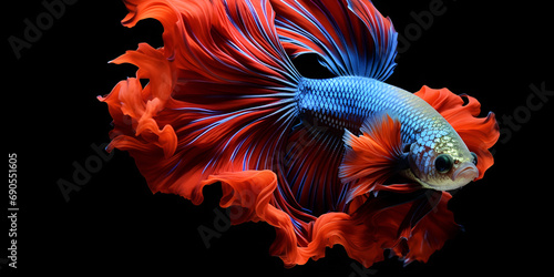 Beautiful colorful  Bright red and blue betta fish on black background Betta fish Colorful fighting Siamese fish with beautiful silk tail isolated on black Amazing exotic tropical fish  AI Generative  photo