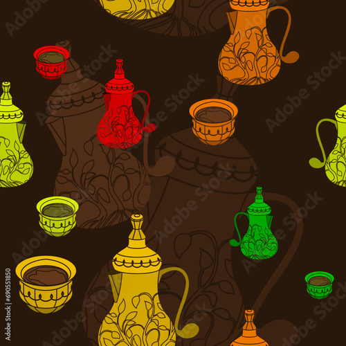 Editable Patterned Bulbous Dallah Coffee Pots and Finjan Cups Vector Illustration in Various Colors as Seamless Pattern With Dark Background for Arab Culture Tradition Cafe and Islamic Moments Design