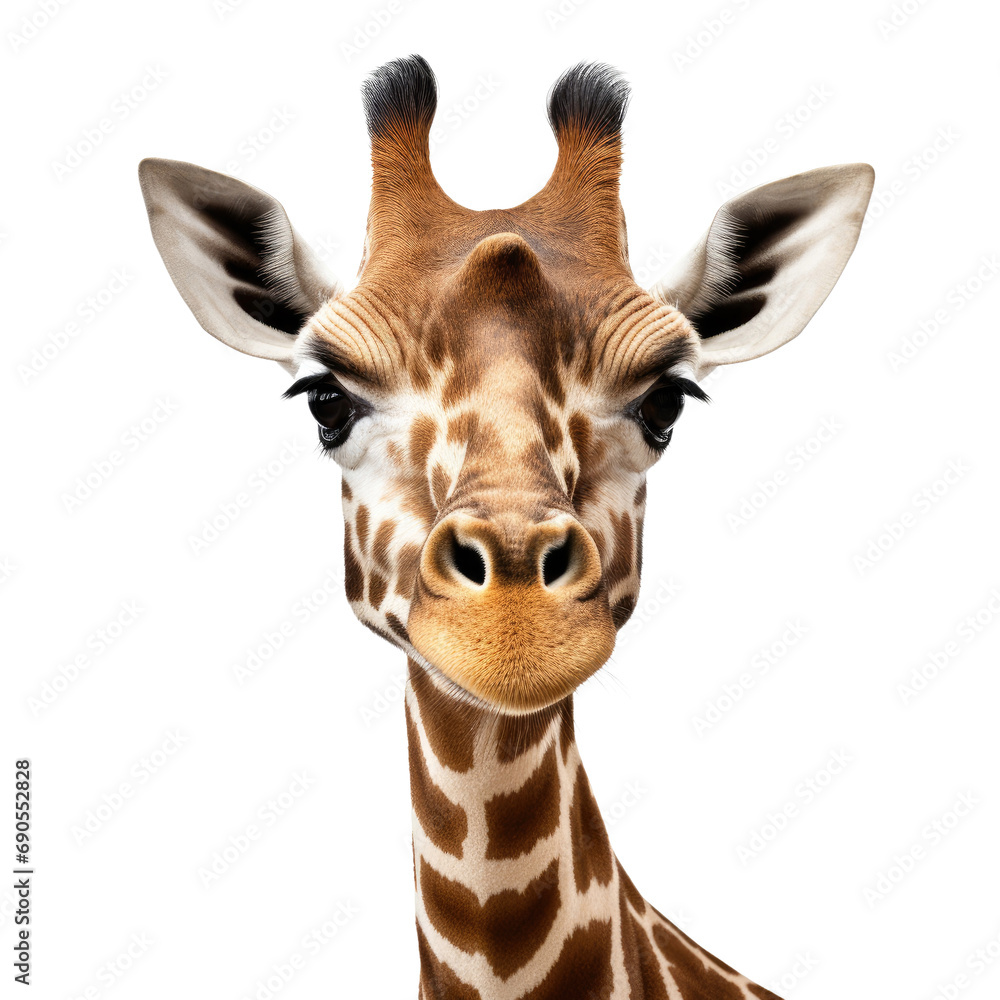 Fototapeta premium Giraffe face shot isolated on white or transparent background