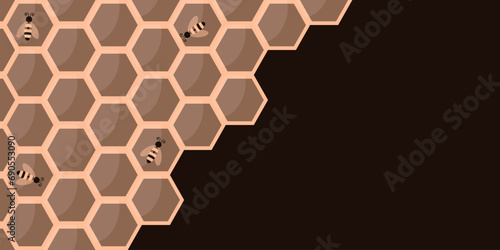 Peach fuzz Trendy Honeycomb background with cartoon bee and copy space. Sweet honey Pastel ornament. Vector illustration can used wallpaper and web banner.
