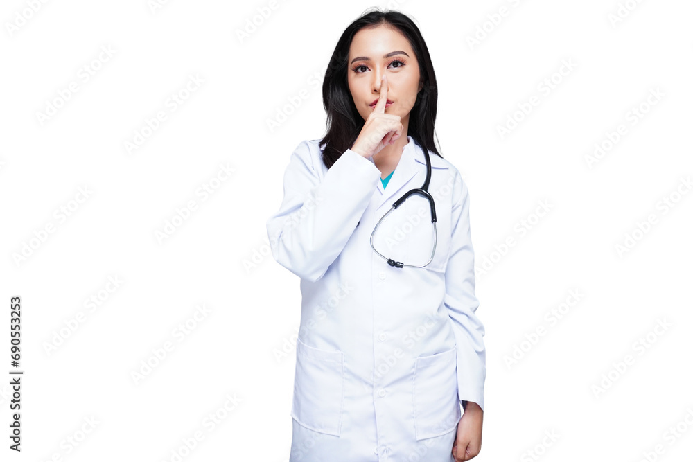Beautiful young female doctor in white coat with stethoscope asks patients and visitors to be quiet isolated transparent Beautiful young female doctor in white coat with stethoscope asks patients and visitors to be quiet isolated transparent