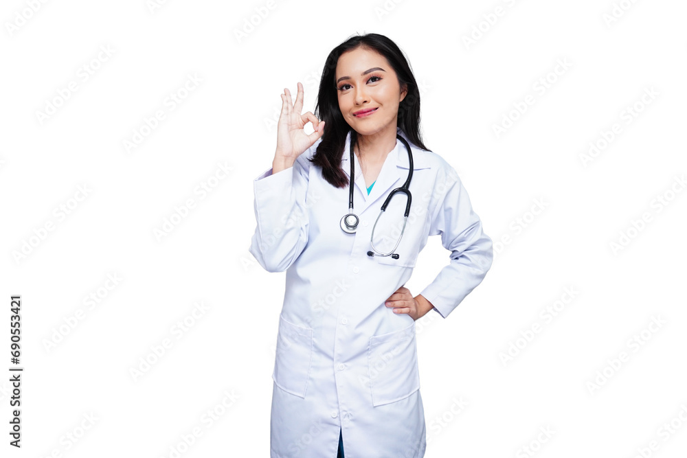 Young female doctor in a white coat with a stethoscope gives the okay sign isolated transparent Young female doctor in a white coat with a stethoscope gives the okay sign isolated transparent