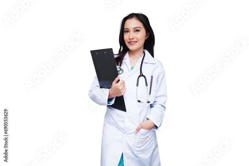 Young female doctor in white coat with stethoscope carrying a black folder isolated transparent