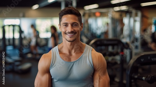 Portrait of an energetic fitness instructor smiling  with gym equipment and a workout space in the background