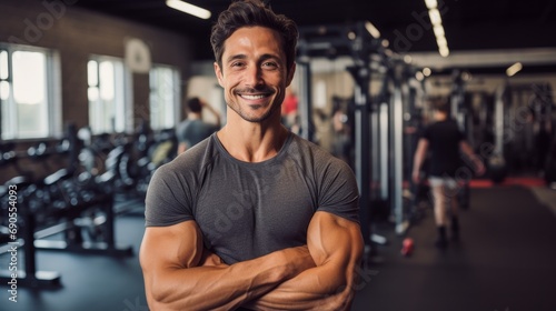 Portrait of an energetic fitness instructor smiling  with gym equipment and a workout space in the background