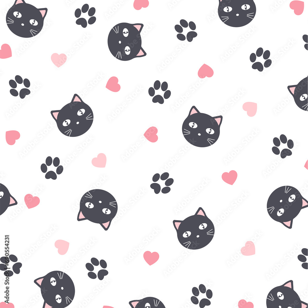 Seamless vector background of cute kittens, footprints and hearts. Seamless vector background of cute kittens, footprints and hearts.