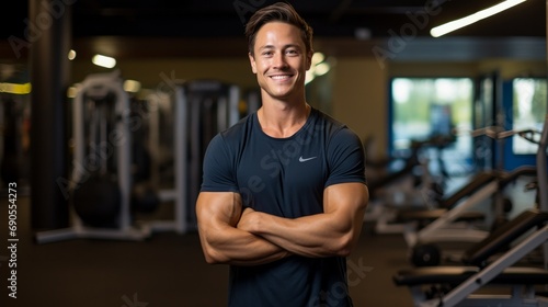 Portrait of an energetic fitness instructor smiling, with gym equipment and a workout space in the background © Emil