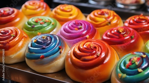 bright Japanese buns, top view, concept of sweets, baking