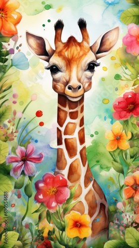 watercolor colored bright drawing of a giraffe for a children s book