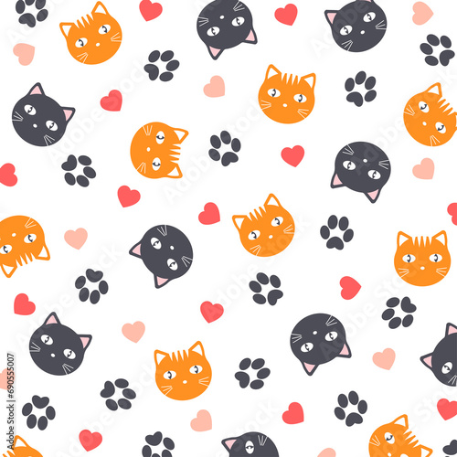 Vector seamless background with cute kittens footprints and hearts in cartoon style.