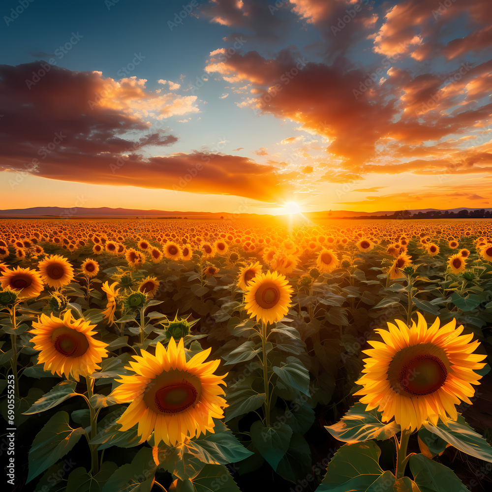 A field of sunflowers under a golden sunset