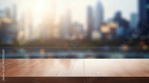 Minimalist Wood Table Setting: Empty Surface with Blurred Glass Window Background - Modern Interior Design Concept for Home Furniture and Decor.