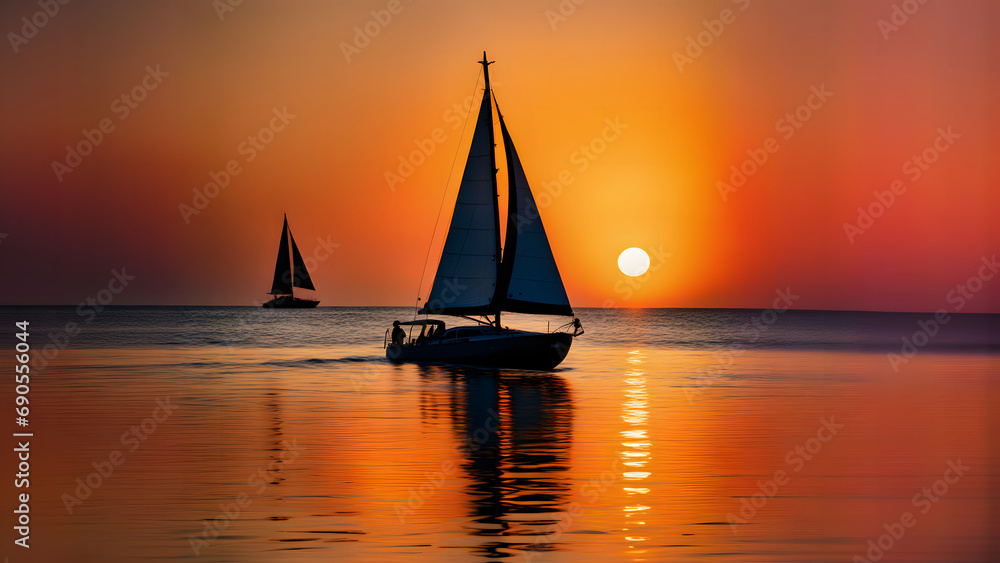 Прекрасный закат на море с яхтой, плывущей по волнам. Солнце опускается за горизонт, окрашивая небо и воду в яркие цвета. Небо становится оранжевым, красным и розовым, а вода переливается золотом