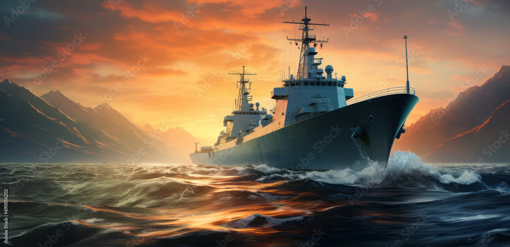 Fototapeta premium A military ship on open water at sunset