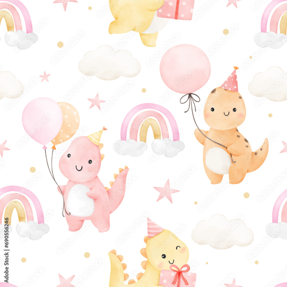 Seamless pattern cute dinosaur birthday girl For baby shower Nursery Greeting card Clothing kids Fabric print Seamless pattern cute dinosaur birthday girl For baby shower Nursery Greeting card Clothing kids Fabric print