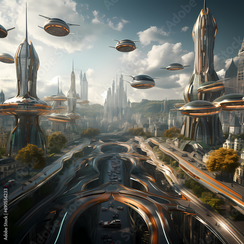 A futuristic cityscape with flying cars