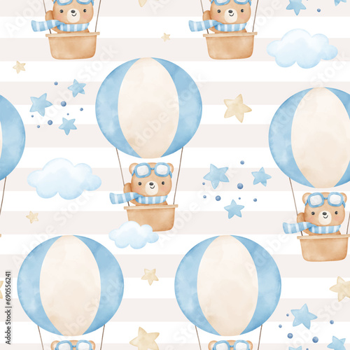 Seamless pattern baby bear in hot air balloon For baby shower Greeting card Clothing kids Fabric print