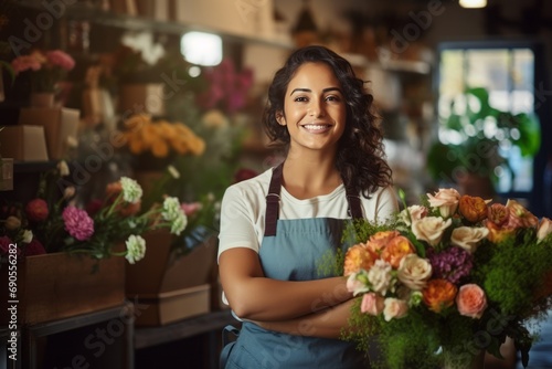 Florist in Apron Holding Colorful Bouquet in Flower Shop