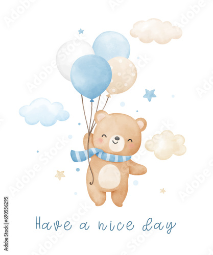Watercolor baby bear with balloon in the sky For nursery kids Birthday party © Luckycatarts