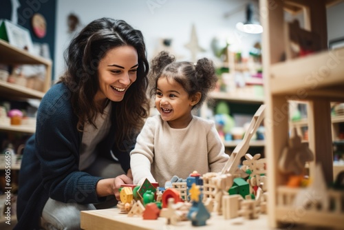 Mother and Daughter Playing with Wooden Toys in a Store