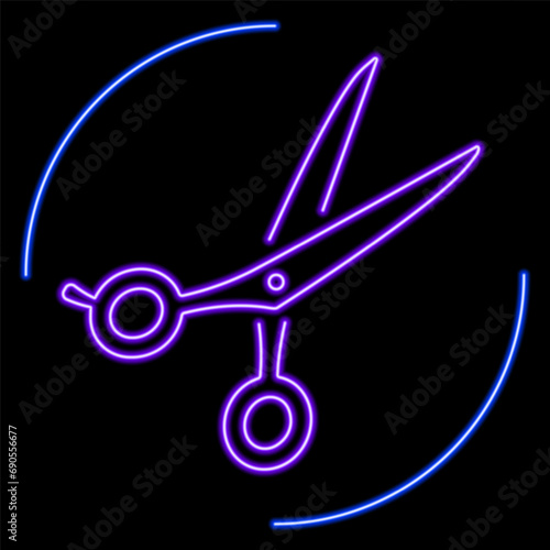 scissors neon sign, modern glowing banner design, colorful modern design trends on black background. Vector illustration.